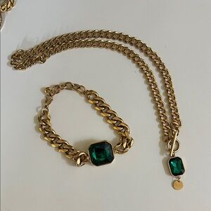 Gold-plated Stainless Necklace/Bracelet Emerald Green Pendant - Women Jewelry